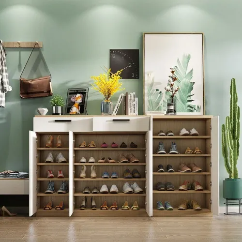 Grande Armoire à Chaussures Verticale Blanc et Bois – Multi-Compartiments, Rangement Bottes